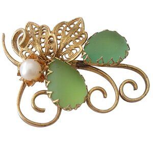 W Germany Green Frosted Glass Rhinestone Filigree Genuine Pearl Leaf Pin, E633
